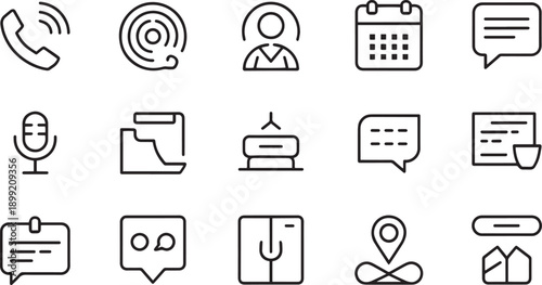 Set of communication and office icons on transparent background