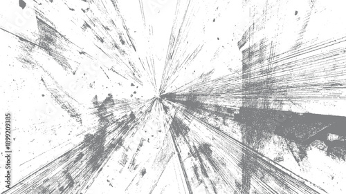 Abstract radial burst of grey distressed lines and dots on white background