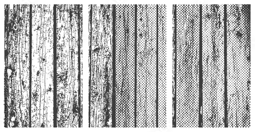 Vector Set of Three Black and White Grunge Wood Textures Distressed Rustic Planks Background Halftone Effect