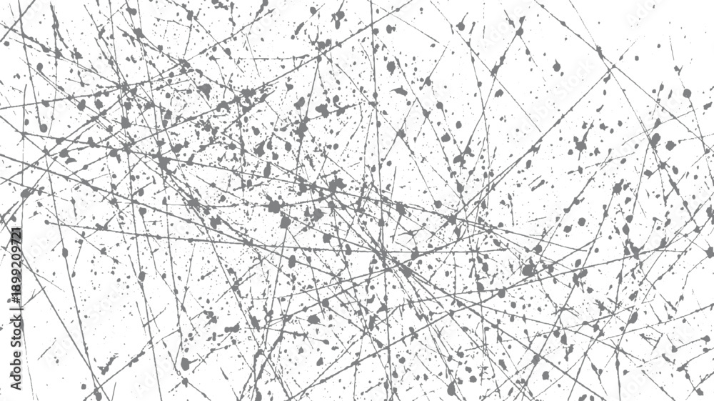 Obraz premium Chaotic grey paint splatters and thin lines on a white background