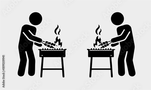 Man grilling meat or satay over flaming charcoal grill icon set