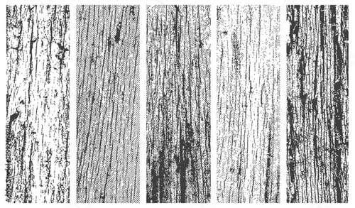 Set of 5 Distressed Wood Grain Vector Textures Halftone and Grunge Overlay Pack Black and White Graphic Resource