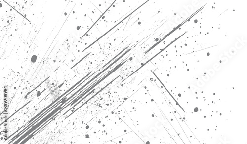 Gray paint splatters and diagonal scratches on white background abstract texture