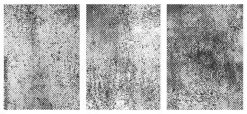 Three Distressed Vector Halftone Textures Set Grunge Overlay Backgrounds Black and White Dot Matrix Pattern