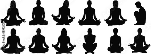 Yoga meditation silhouette collection isolated on white background, men and women sitting in lotus pose for wellness, mindfulness, spiritual and design use