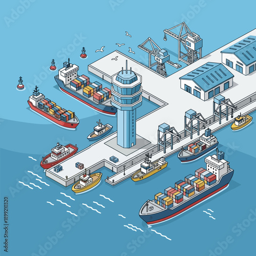 Isometric illustration of a busy industrial seaport with cargo ships and cranes.
