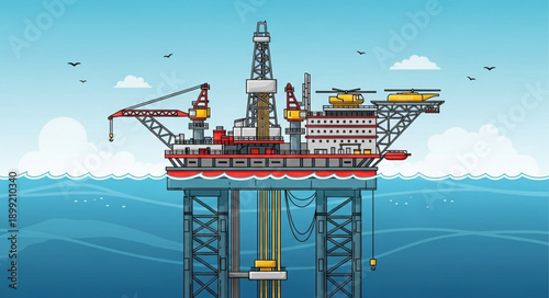 Offshore oil rig platform in the ocean illustration.