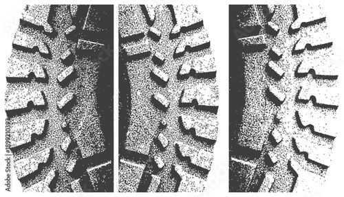Distressed Boot Tread Pattern Set Grunge Stipple Effect Black and White Vector Graphic