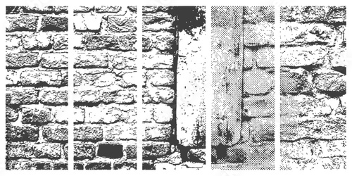Five Vertical Distressed Grunge Brick and Stone Wall Textures Set Vector Halftone Effect Overlay Collection Black and White