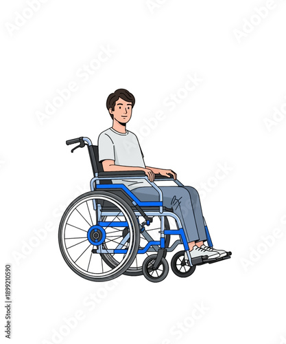 Young male user seated comfortably in a modern blue and black wheelchair for mobility assistance and independence on white background