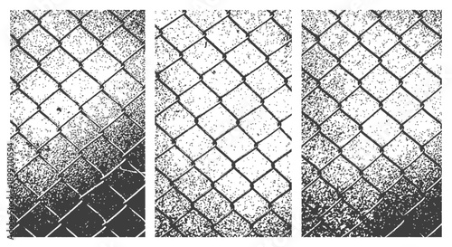 Three Grungy Chain Link Fence Vector Texture Overlays Black and White Halftone Distress Background Set