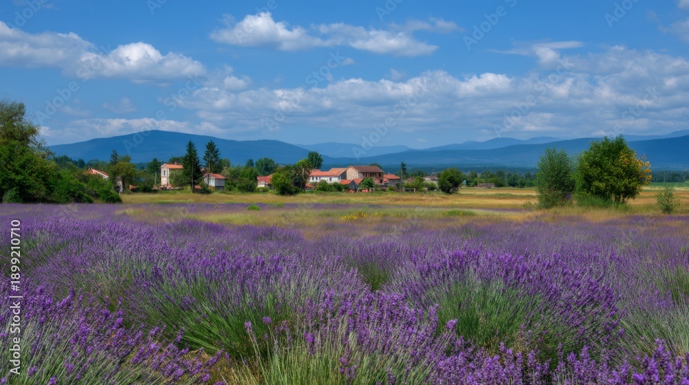 Obraz premium Scenic Lavender Field with Rolling Hills, Blue Skies, and Charming Country Village in the Background. Perfect for Nature Lovers and Travel Enthusiasts.