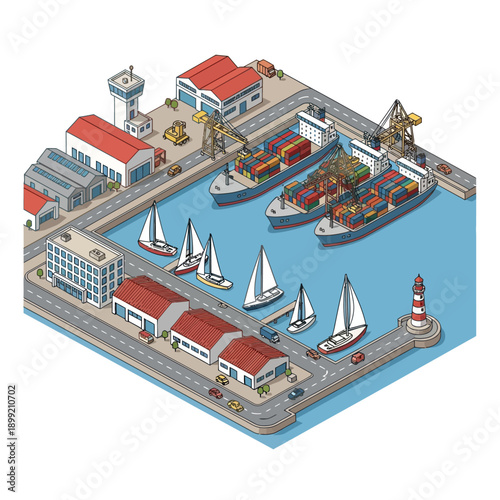 Isometric illustration of a busy harbor with cargo ships and sailboats.