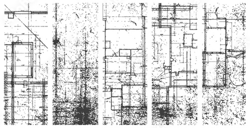 Set of five vertical grungy blueprint banners distressed architectural vector texture black and white abstract geometric overlay