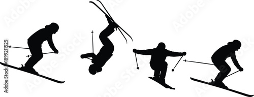 Action Silhouette of Freestyle Skier Performing a Backflip Jump and Landing Sequence on White Background for Winter Sports Competition Graphic Design and Advertising