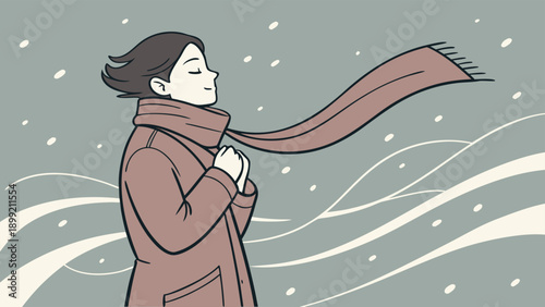 A serene person stands in a soft vector scene, exuding a gentle expression and calm demeanor, perfect for illustrating winter or contemplative themes.