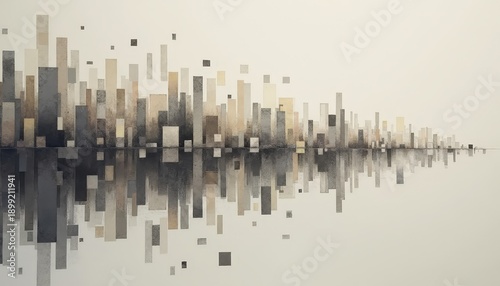 Abstract cityscape composition with tall rectangular buildings in beige grey and black hues reflecting on a neutral
