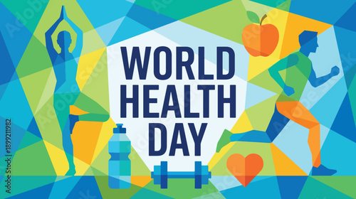World Health Day illustration with people exercising and healthy living concepts in a colorful geometric background