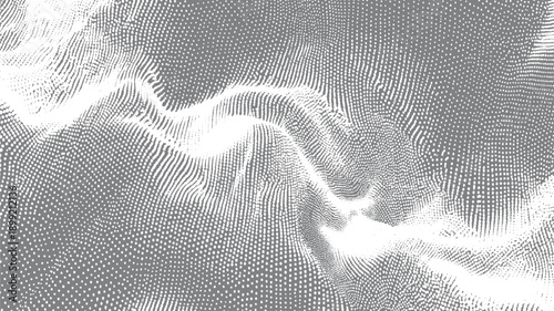 Abstract grey and white dotted landscape with flowing wave patterns and cellular textures dots points
