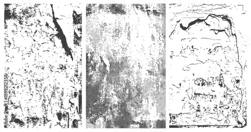 Three black and white distressed texture overlays vector set Grunge halftone cracked wall surface effect backgrounds