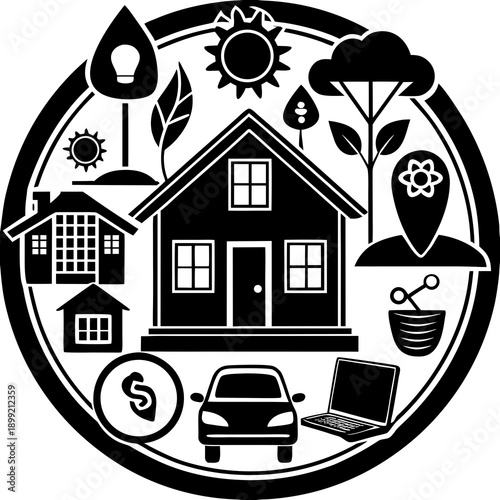 A charming house surrounded by nature and various symbols of home life. Vector