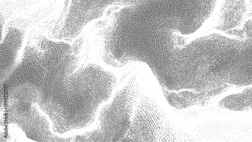 Abstract grayscale dot pattern forming organic flowing shapes and textures dots points
