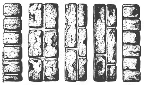 Vector Set of Rough Stacked Stone Wall Sections Ancient Masonry Hand Drawn Sketch Engraving Black and White