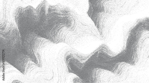 Swirling gray dots forming abstract organic shapes on white background particles