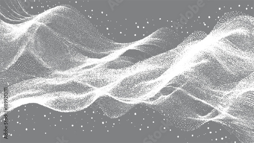 Abstract flowing white particles forming wave patterns against a grey background with scattered white dots