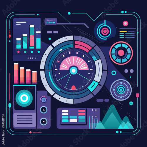 A futuristic dashboard with various data visualizations and interactive elements Vector