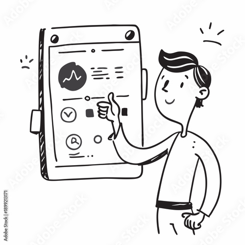 Man examining a large digital display with various data visualizations. Vector