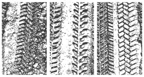 Set of three distressed vector tire tracks grunge textures monochrome background overlay