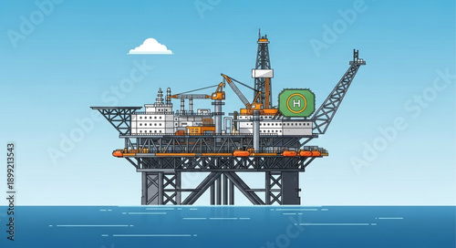 Offshore oil rig platform in the ocean under a blue sky with clouds.