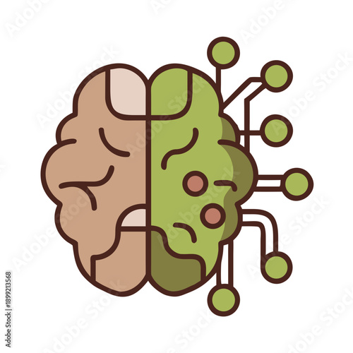 A creative illustration of a brain with a cybernetic implant, symbolizing the fusion of human intelligence and artificial intelligence. Vector
