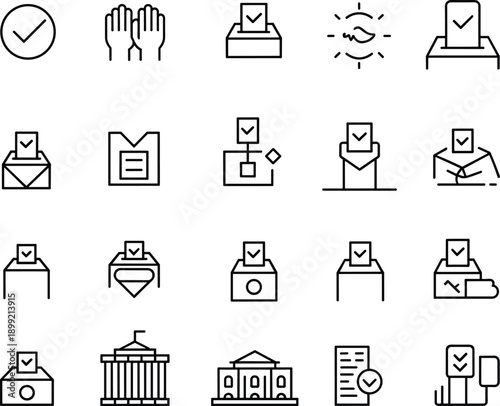 Voting civic engagement icon set, ballot box, voter participation symbols, election communication graphics, democratic process, polling station minimal vector icons