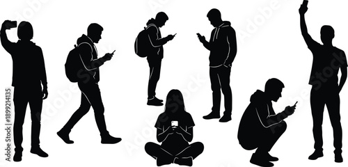 Silhouette collection of diverse young people using smartphones, texting, taking selfies and browsing internet while standing, walking, sitting and crouching on white background