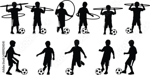 Silhouette collection of young boys playing soccer and exercising with hula hoops isolated on white background for youth sports and fitness concept designs