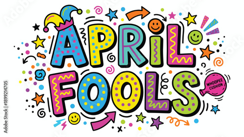 Colorful April Fools' Day graphic with whimsical text and playful illustrations, celebrating humor and pranks on April 1st with fun and laughter.