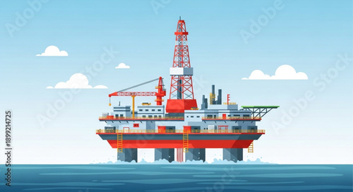 Offshore oil rig platform in the ocean under a blue sky with clouds.