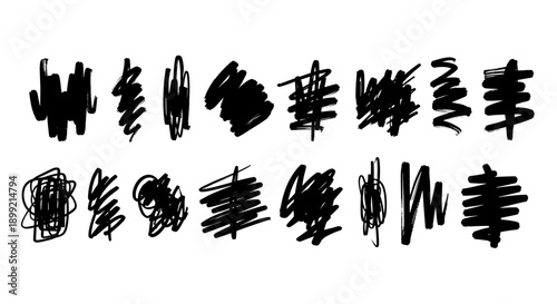 Illustration of set of 14 black hand drawn scribble marks and brush strokes