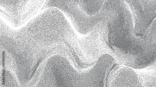 Abstract grayscale stippled terrain with undulating waves and textured surfaces dots