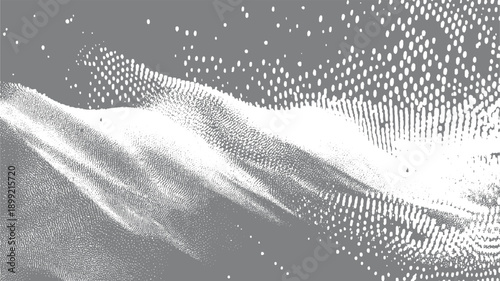 Abstract white dots and lines forming wave patterns on a gray background texture