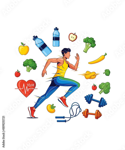 Energetic male runner in dynamic motion surrounded by various healthy food items, exercise gear, and vital sign monitoring graphics on white background