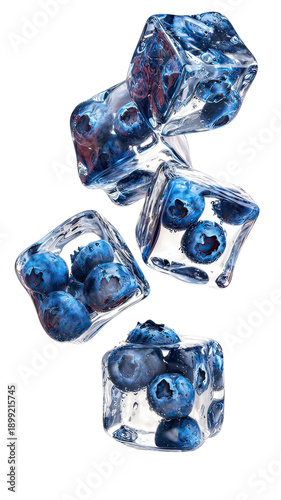 Frozen blueberries in ice cubes on transparent background