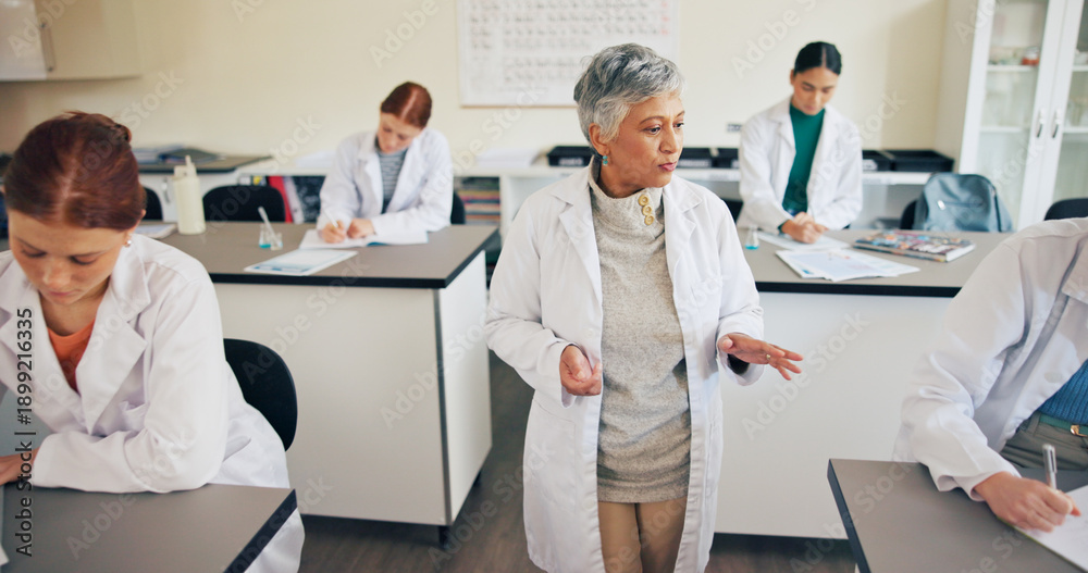 Obraz premium Teacher, students or speaking in classroom for education, science lesson or explain chemistry experiment. Learn, people or teens writing notes for physics, knowledge or instruction for lab assessment