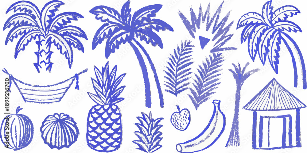 Naklejka premium Blue sketch of tropical elements including palm trees hammock and fruit