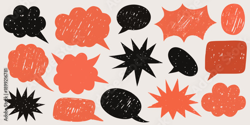 An assortment of hand drawn speech bubbles and starburst shapes in red and black