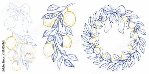 Delicate lemon branches and wreaths with blue lines and yellow accents