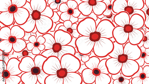 Seamless floral pattern featuring stylized white flowers with bold red outlines and centers, creating a vibrant and graphic botanical background for textiles.