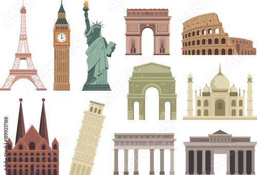 Famous Global Landmarks Vector Set Featuring Eiffel Tower Big Ben Statue of Liberty Colosseum Taj Mahal Leaning Tower and European Monuments